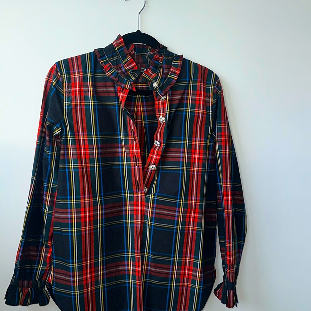 Jcrew holiday plaid shirt with gemstone buttons